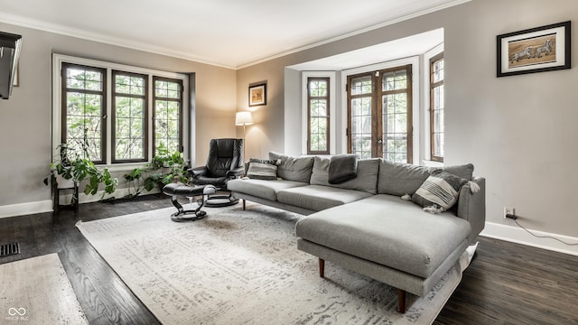 5124 N Capitol Ave, Indianapolis, IN 46208 - living area featuring ornamental molding, french doors, baseboards, visible vents, and dark wood-style floors