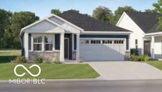 view of front facade featuring an attached garage, driveway, a front lawn, and stone siding