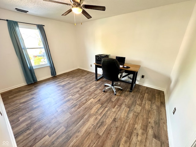 4223 Kestrel Ct, Indianapolis, IN 46254 - home office with visible vents, dark wood finished floors, ceiling fan, and baseboards