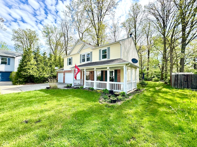 4223 Kestrel Ct, Indianapolis, IN 46254 - traditional-style house with a garage, a porch, a front yard, a chimney, and driveway