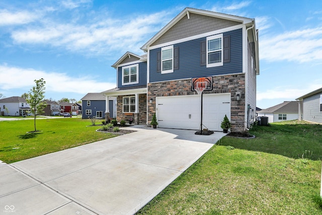 craftsman-style house with stone siding, a garage, a front yard, central AC unit, and driveway