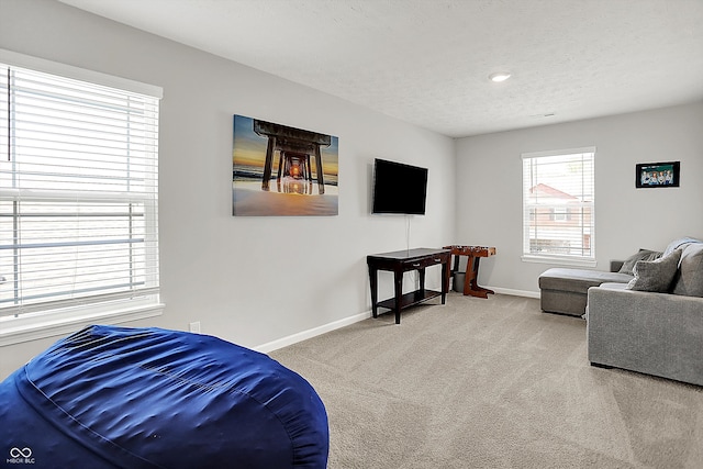 carpeted living room with baseboards, recessed lighting, and a textured ceiling