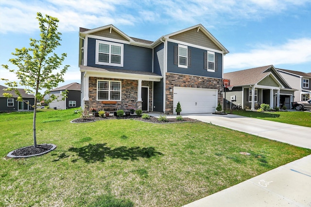 craftsman inspired home featuring an attached garage, concrete driveway, a front yard, and stone siding