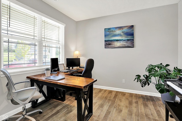office space featuring baseboards, a healthy amount of sunlight, and wood finished floors