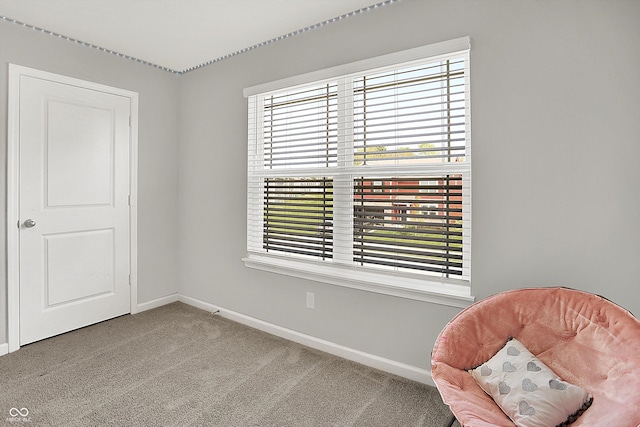 living area with baseboards, plenty of natural light, and carpet floors