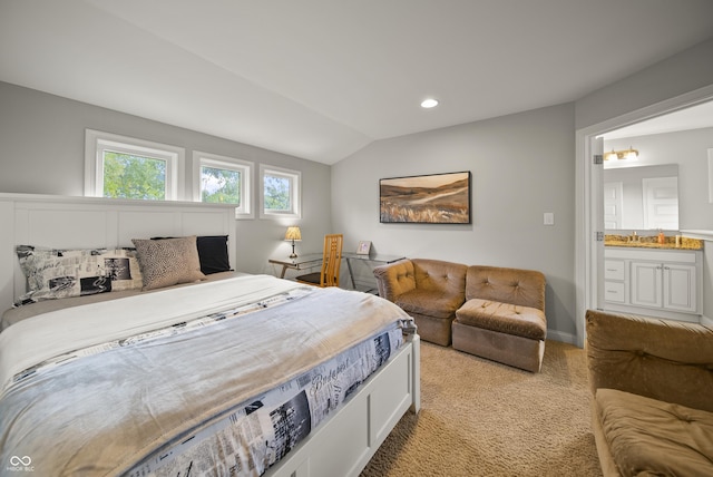 bedroom featuring light carpet, vaulted ceiling, and recessed lighting