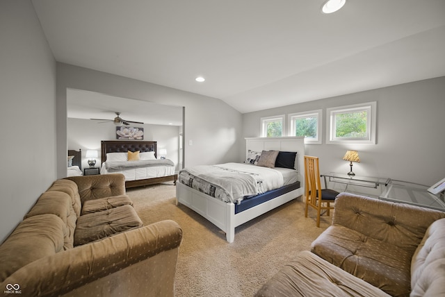 bedroom with recessed lighting, light carpet, and lofted ceiling