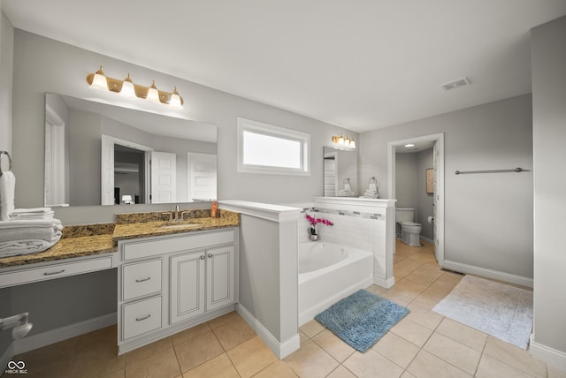 full bath with visible vents, tile patterned flooring, vanity, toilet, and a bath