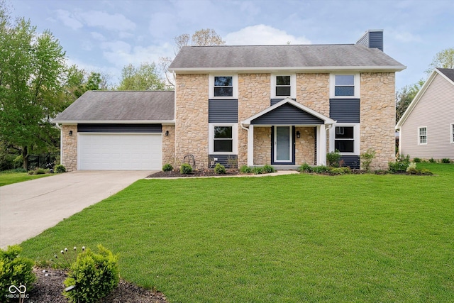 403 Hawthorn Dr, Crawfordsville, IN 47933 - colonial house with driveway, a chimney, a front yard, an attached garage, and stone siding