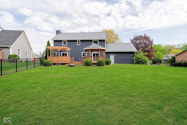 403 Hawthorn Dr, Crawfordsville, IN 47933 - back of house featuring a pergola, a gazebo, a wooden deck, a fenced backyard, and a lawn