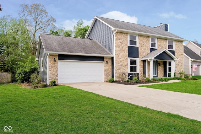 403 Hawthorn Dr, Crawfordsville, IN 47933 - view of front of property featuring a front yard, stone siding, a chimney, an attached garage, and driveway