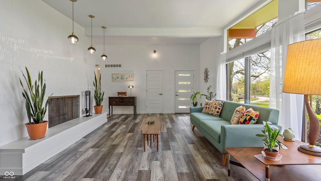 living area with visible vents, a high ceiling, a healthy amount of sunlight, and wood finished floors