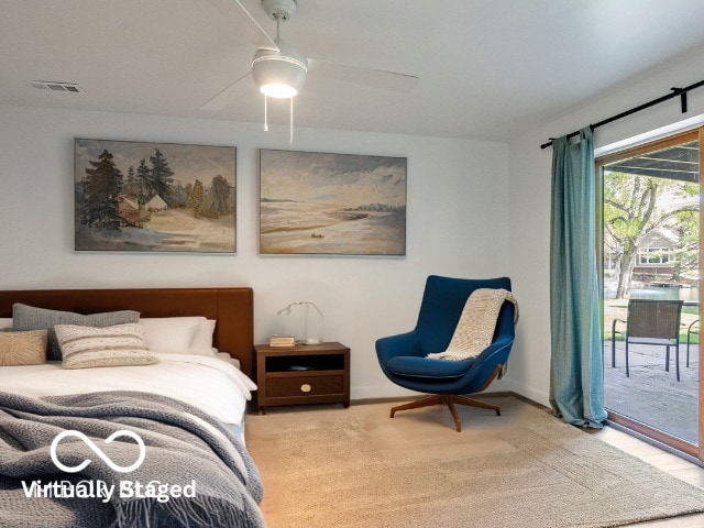 bedroom featuring ceiling fan, access to exterior, carpet, baseboards, and visible vents