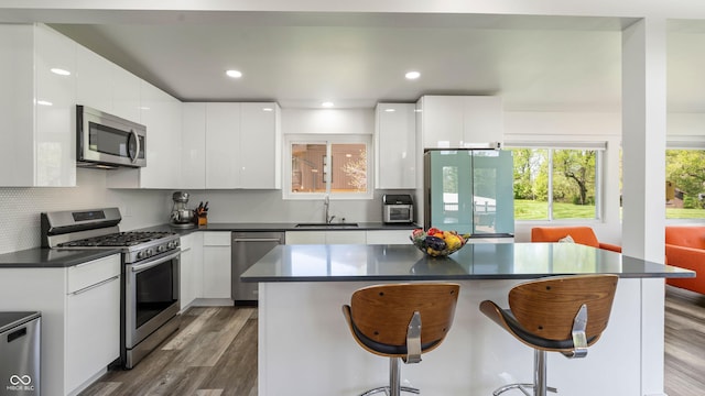 kitchen featuring a sink, appliances with stainless steel finishes, modern cabinets, and dark countertops