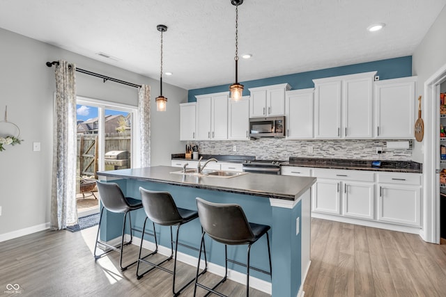 kitchen featuring light wood-style floors, a sink, dark countertops, and stainless steel appliances
