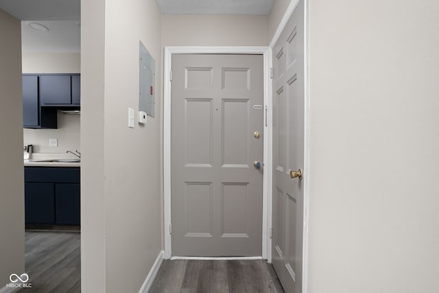 doorway to outside featuring baseboards, a sink, wood finished floors, and electric panel