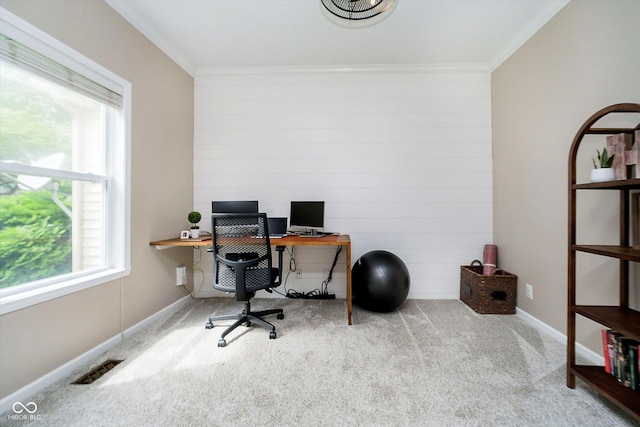 11141 Saybrook Ct, Fishers, IN 46037 - home office with ornamental molding, carpet floors, healthy amount of natural light, and baseboards