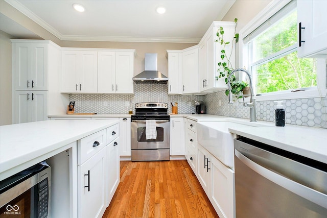 11141 Saybrook Ct, Fishers, IN 46037 - kitchen with appliances with stainless steel finishes, wall chimney exhaust hood, a sink, light countertops, and white cabinetry