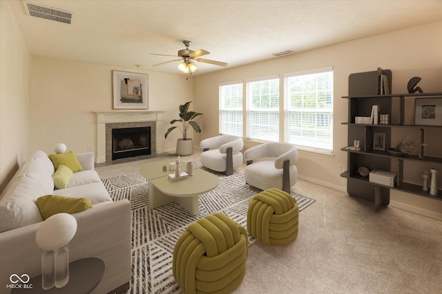 6516 Amherst Way, Zionsville, IN 46077 - living room with ceiling fan, carpet floors, and a fireplace