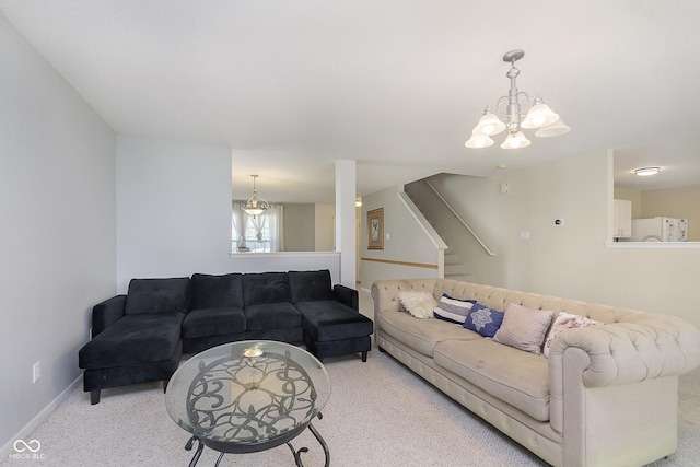 5646 Skipping Stone Dr, Indianapolis, IN 46237 - carpeted living area featuring stairs, a chandelier, and baseboards