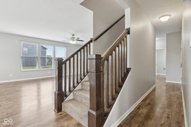 stairway with wood-type flooring, a ceiling fan, and baseboards