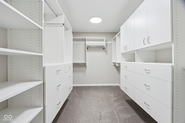 walk in closet featuring dark colored carpet