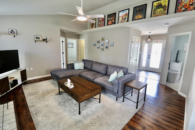 10688 Ashview Dr, Fishers, IN 46038 - living room featuring baseboards, a ceiling fan, lofted ceiling, and wood finished floors