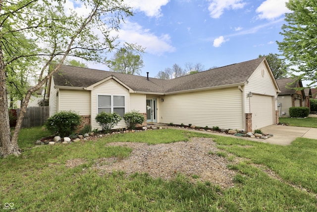 10688 Ashview Dr, Fishers, IN 46038 - ranch-style home featuring a garage, a front lawn, fence, brick siding, and driveway