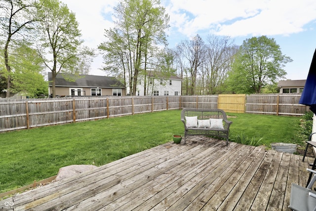 10688 Ashview Dr, Fishers, IN 46038 - wooden terrace featuring a yard, an outdoor living space, and a fenced backyard