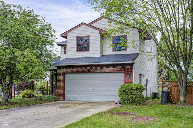 view of front of house featuring roof with shingles, an attached garage, central AC, brick siding, and driveway