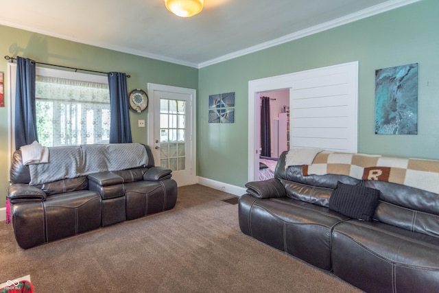 living area featuring crown molding, carpet, and baseboards