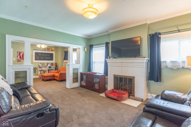 carpeted living room featuring ornamental molding and a fireplace