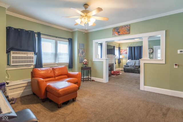 living area with carpet flooring, ceiling fan, cooling unit, and ornamental molding