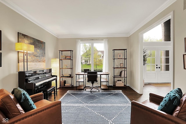 interior space with french doors, ornamental molding, dark wood-style flooring, and baseboards