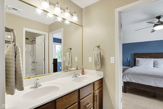 full bathroom with visible vents, a sink, a ceiling fan, and double vanity