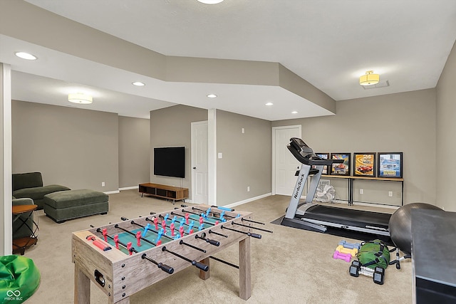 game room featuring baseboards, carpet, and recessed lighting