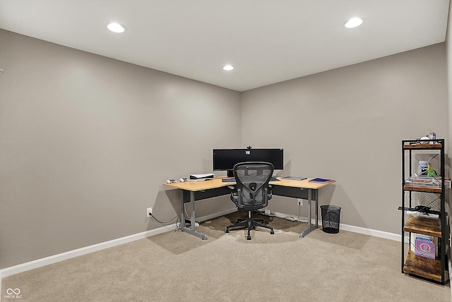 office featuring baseboards, carpet flooring, and recessed lighting