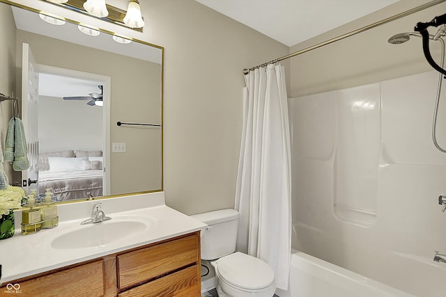 bathroom featuring vanity, ensuite bathroom, toilet, and shower / bath combination with curtain