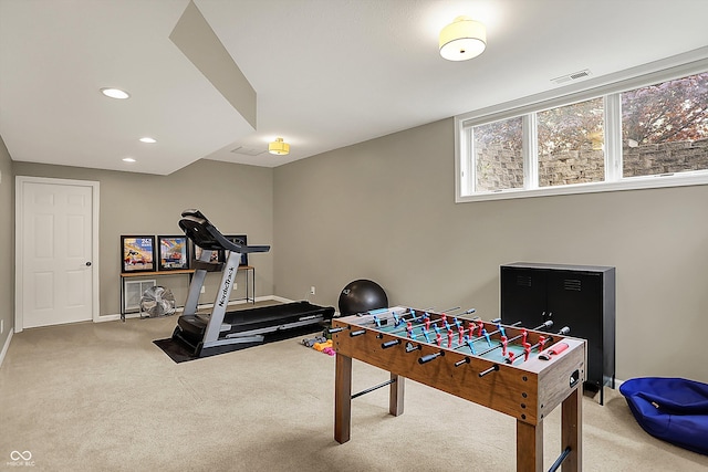 rec room with carpet floors, recessed lighting, baseboards, and visible vents