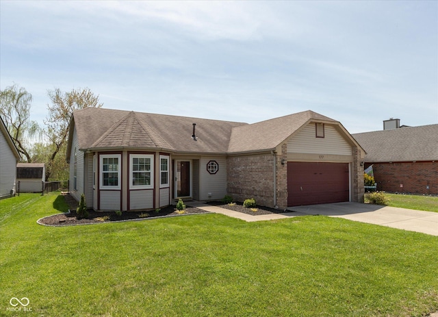 single story home with driveway, roof with shingles, a front yard, a garage, and brick siding