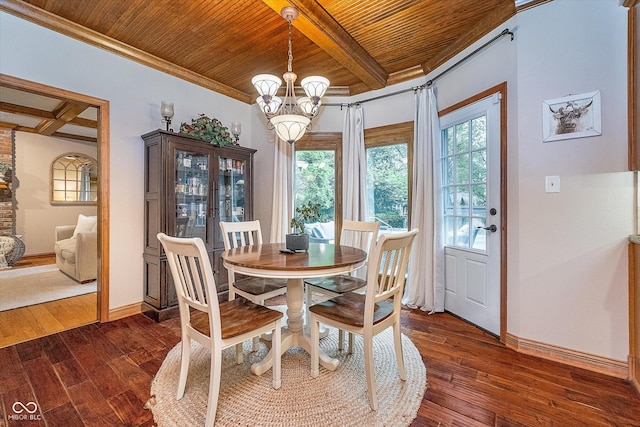 4401 W Hunters Ridge Ln W, Greenwood, IN 46143 - dining area with an inviting chandelier, wood ceiling, baseboards, and beam ceiling