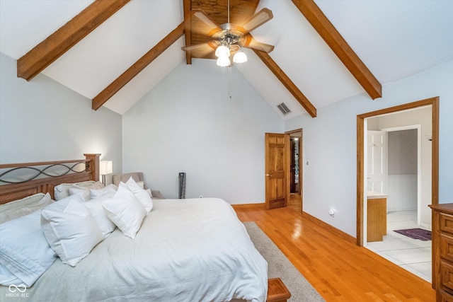 4401 W Hunters Ridge Ln W, Greenwood, IN 46143 - bedroom with a ceiling fan, visible vents, baseboards, light wood-style floors, and vaulted ceiling with beams