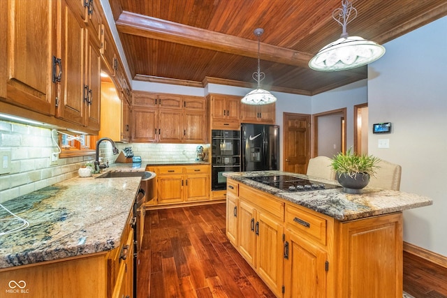 4401 W Hunters Ridge Ln W, Greenwood, IN 46143 - kitchen featuring wood ceiling, a sink, light stone counters, black appliances, and dark wood-style floors