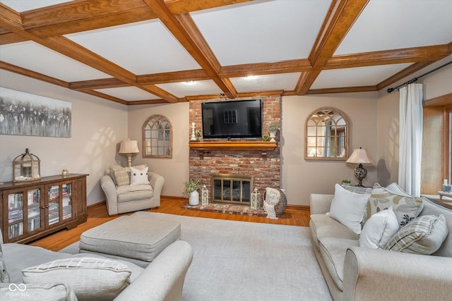 4401 W Hunters Ridge Ln W, Greenwood, IN 46143 - living area with beam ceiling, wood finished floors, a fireplace, baseboards, and coffered ceiling