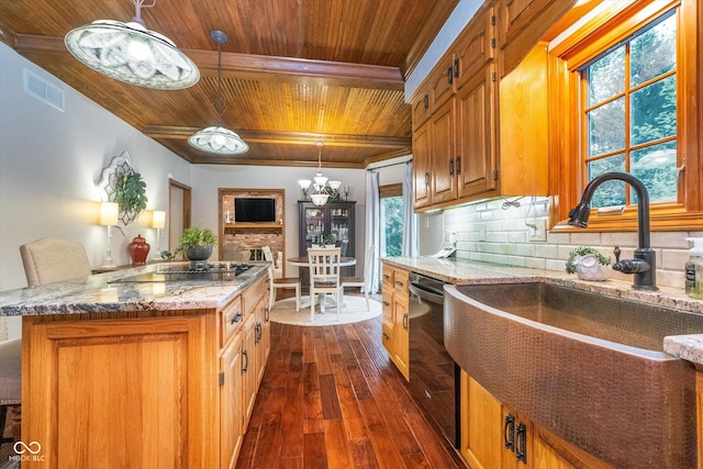 4401 W Hunters Ridge Ln W, Greenwood, IN 46143 - kitchen with visible vents, dishwashing machine, wood ceiling, a sink, and dark wood finished floors