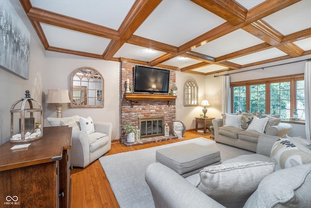 4401 W Hunters Ridge Ln W, Greenwood, IN 46143 - living area featuring wood finished floors, a fireplace, beamed ceiling, baseboards, and coffered ceiling