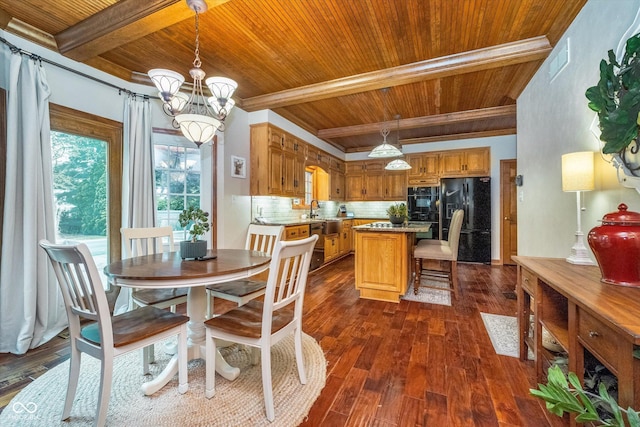 4401 W Hunters Ridge Ln W, Greenwood, IN 46143 - dining room with an inviting chandelier, beamed ceiling, visible vents, dark wood-style floors, and wood ceiling