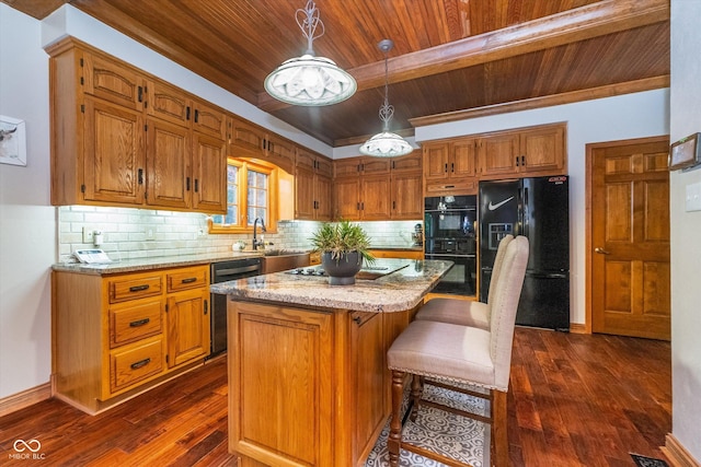 4401 W Hunters Ridge Ln W, Greenwood, IN 46143 - kitchen featuring a kitchen island, brown cabinets, a sink, wooden ceiling, and black appliances