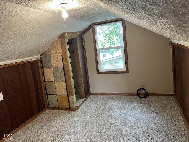 additional living space featuring carpet floors, a textured ceiling, and lofted ceiling