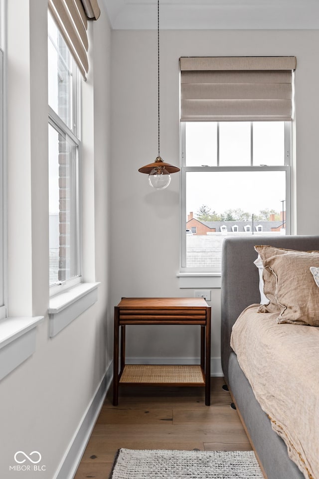 bedroom with baseboards and wood finished floors
